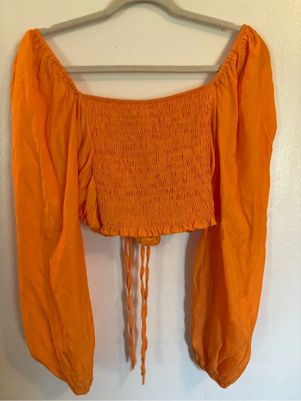 Urban Bliss Bright Orange Ruched Long-Sleeve Crop Blouse